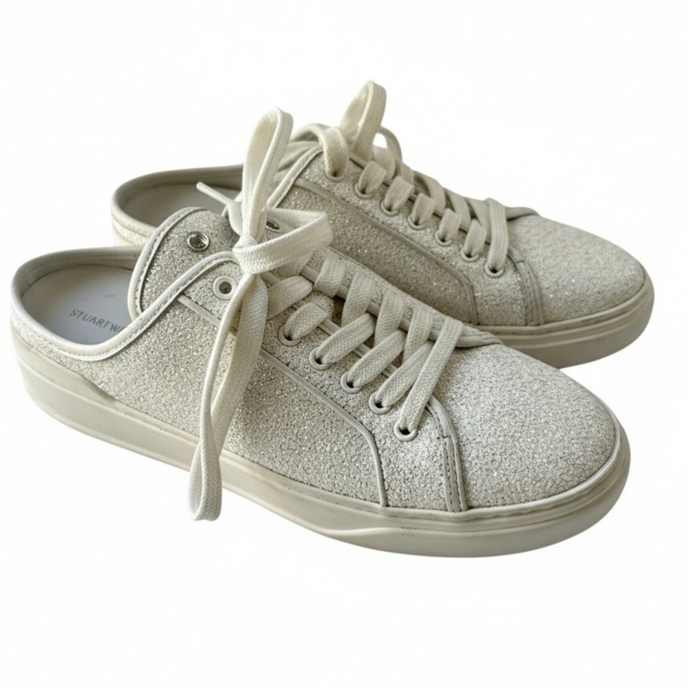 Stuart Weitzman Glitter‎ Sneakers Mules Slip On Shoes Casual White Size 8.5 NEW